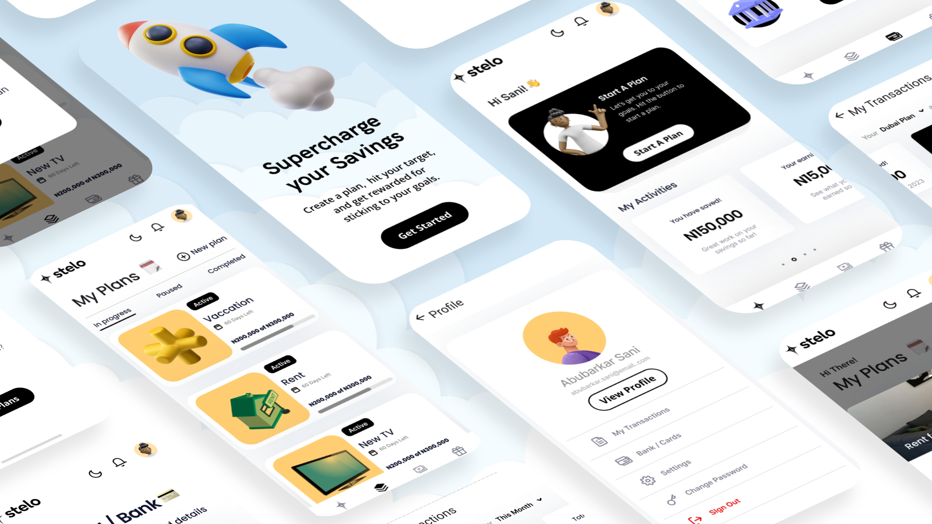 Stelo savings app — mobile and web interface mockup